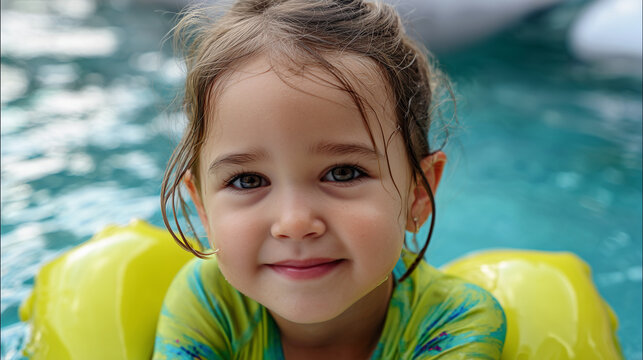 artistic closeup of child in floaties in a swimming pool