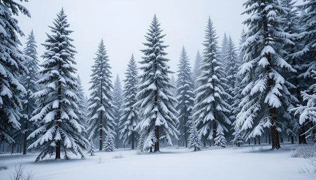 Snowy forest landscape with pine trees covered in snow, peaceful winter scenery.
 - Powered by Adobe
