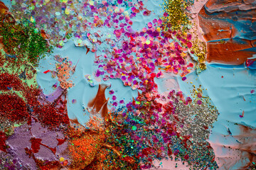 Abstract handmade painting with expressive brushstrokes, vivid colors, and textured surface on canvas background