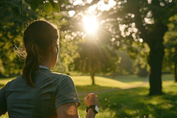 A woman runs through a park on a sunny day, focused on her workout and tracking her progress.