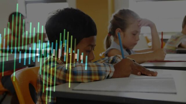 Three students writing at school desks while sounds activating pulsing color spectrum overlay