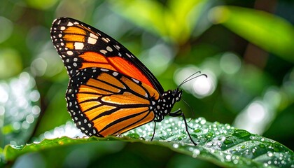 Obraz premium Orange Butterfly on Dewy Green Leaf