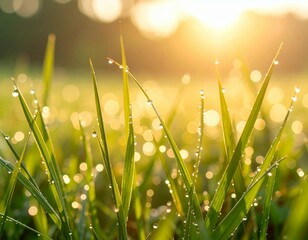 A close up of grass blades with water droplets glistening in the warm sunlight during golden hour