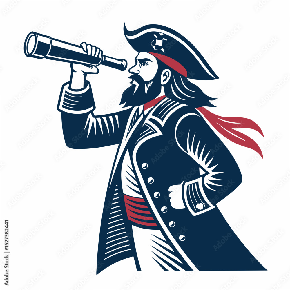 Poster create a bold, vector illustration of a fierce pirate with a monocle, emphasizing strong lines and i