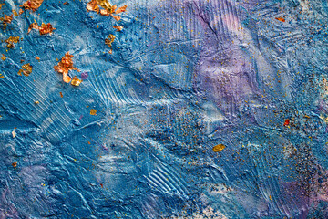 Abstract handmade painting with expressive brushstrokes, vivid colors, and textured surface on canvas background