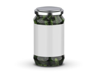 Pickled cucumbers glass jar mockup. Preserved pickled gherkins on white background. 3d illustration
