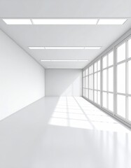 3D render of an empty modern architectural space with large windows