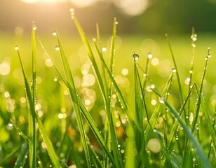 Close up of green grass blades covered in water droplets glistening in the bright morning sunlight