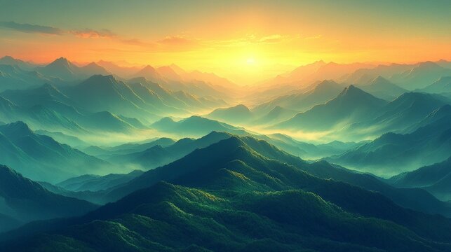 Majestic sunrise over misty mountain ranges. Lush greenery blankets the peaks
