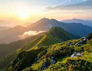 A scenic view of mountain ranges at sunset with green hills and a cloudy sky in the background
