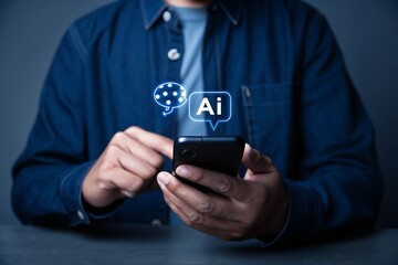 Man Using Smartphone with Artificial Intelligence Chatbot Interface Exploring AI Solutions and Technologies for Business Growth and Innovation