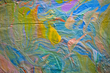 Abstract handmade painting with expressive brushstrokes, vivid colors, and textured surface on canvas background