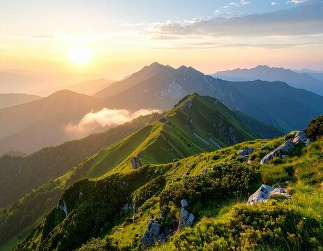 A scenic view of mountain ranges at sunset with green hills and a cloudy sky in the background
