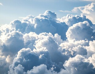 A view from above showcasing fluffy white cumulus clouds against a bright blue sky backdrop scene