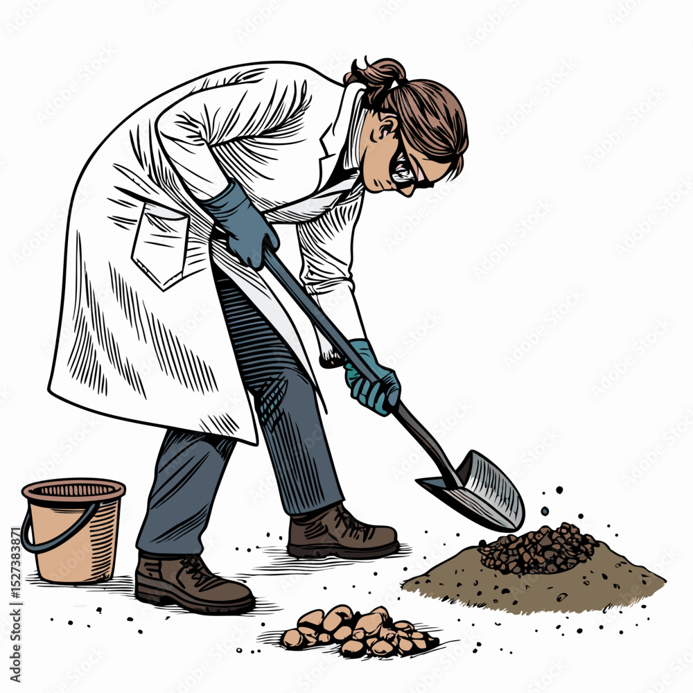 Poster create a bold vector illustration of a soil scientist digging, emphasizing strong lines and impactfu