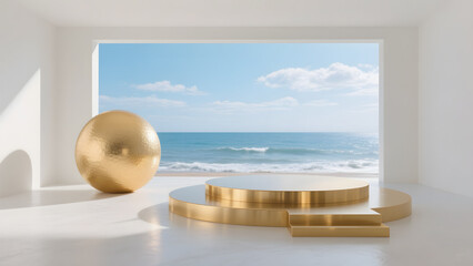 Obraz premium Golden Sphere and Steps in a Room with a View of the Sea