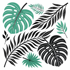 ropical leaves, palm leaf silhouettes, diverse collection, black shapes, leaf vector