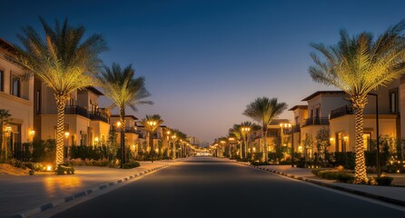 Evening streetscape with palm trees and houses