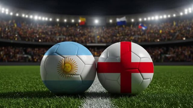 Soccer Ball With Argentina and England Flag in Football Stadium