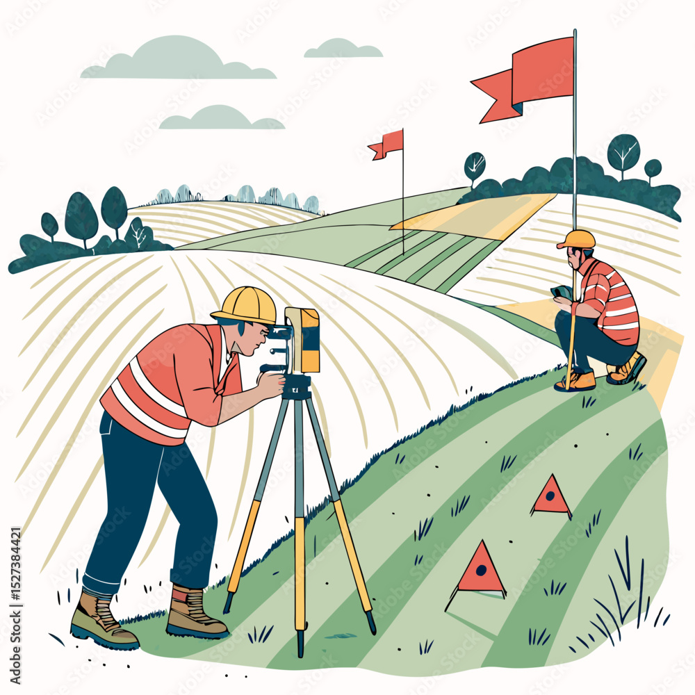 Poster create a bold vector illustration of a surveying crew marking a point, emphasizing strong lines and 