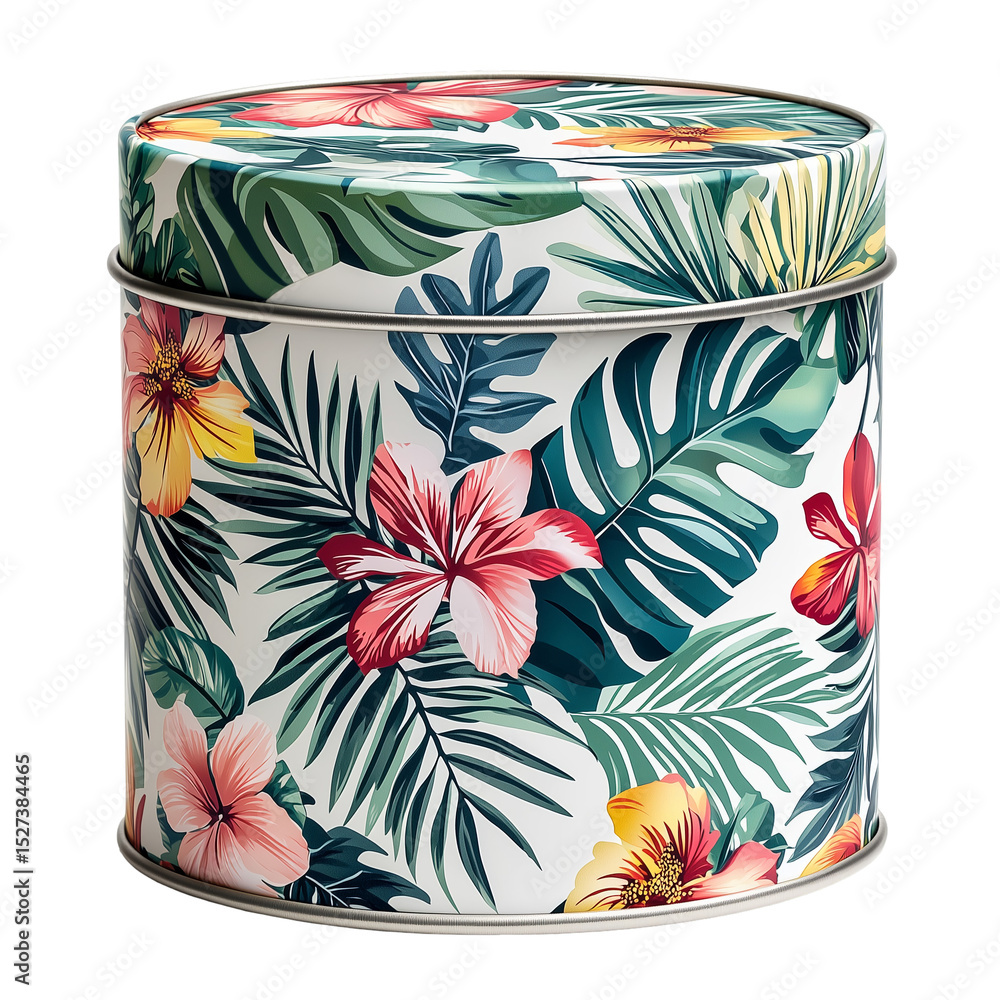 Poster decorative round tin container with tropical floral pattern for storage isolated on transparent back