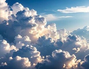 A view of fluffy cumulus clouds filling the sky with sunlight shining through the cloud formations above