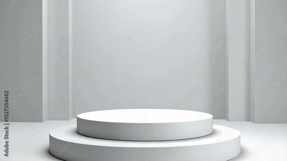 Poster studio shot of a white two-tiered circular platform against a light grey backdrop with vertical arch
