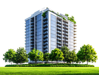 High-rise building, transparent PNG background with green grass and trees, architectural design 