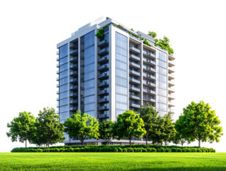 High-rise building, transparent PNG background with green grass and trees, architectural design 