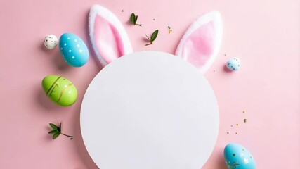 Festive flat lay featuring Easter eggs, bunny ears, and a blank white circle on a pastel pink background for seasonal greetings - Powered by Adobe
