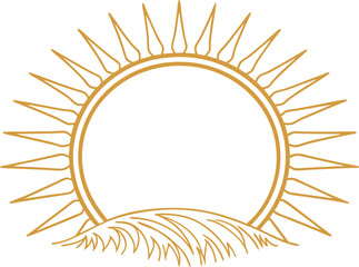 Golden sunburst frame with sunrise rays and stylized hill design in a minimal linear outline, ideal for organic branding, summer themes, nature invitations, and style prints.