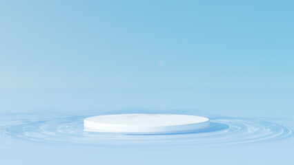 水面に浮かぶ白い円柱の台座。波紋。木の葉の影。3D（横長）
