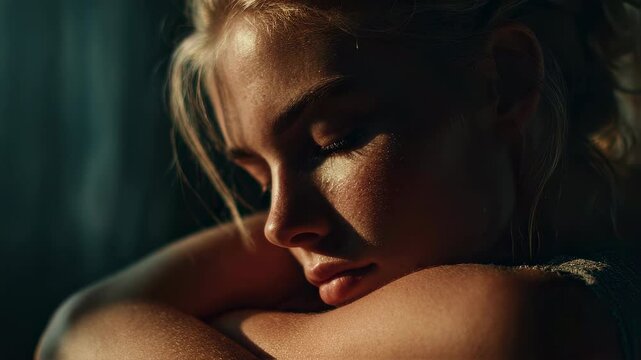 Warm sunlight illuminates a serene young woman's face as she embraces a moment of peaceful reflection, her eyes closed and arms wrapped around herself in a comforting gesture