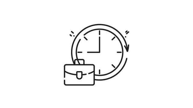 Work hours linear icon animation. Work hours icon featuring clock and briefcase for concepts of time management, scheduling, business productivity. Suitable for presentations, websites, infographics. 