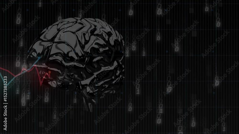 Poster upon binary code streaming, glossy 3d brain emerging and rotating as graph tracing data trends