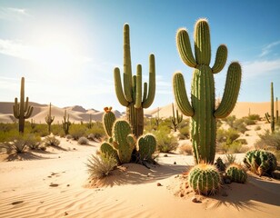 A desert landscape featuring various cacti species under a bright blue sky on a sunny day outdoors