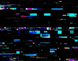A digital glitch art image featuring horizontal lines and colorful pixelated rectangles on a black background