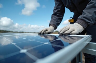 Fototapeta premium Technician installing stand-alone photovoltaic solar panel system. Man in work gloves, blue sky with clouds. Concept alternative eco energy, power, sustainable resources, modern technologies.