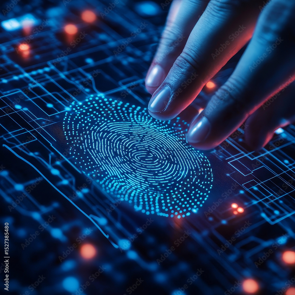 Poster hand touching global network connection and biometric authentication systems, access biometric ident