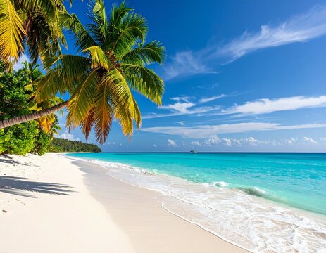 A tropical beach with white sand palm trees and turquoise water under a bright blue sky with clouds