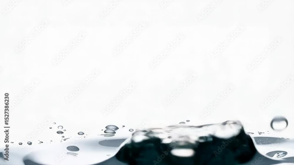Poster abstract liquid splash with multiple droplets on reflective surface in a clean studio environment, d