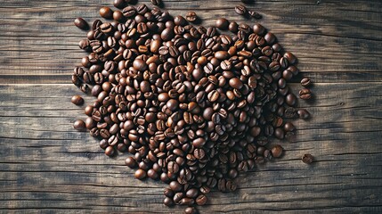 A pile of coffee beans forms a heart shape on a rustic wooden surface, creating a warm and inviting image.