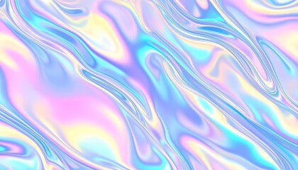 Abstract background of a shimmering, reflective liquid metal surface with rainbow iridescence, ideal for technology, sci-fi, or luxury designs.