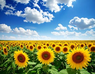 A vibrant field of sunflowers under a bright blue sky with fluffy white clouds on a sunny summer day