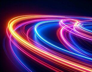 Abstract rendering of curved light trails in blue pink and orange on a dark background art concept