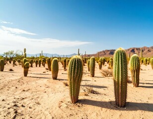 Field of tall cacti under a clear blue sky in a desert landscape with mountains in the distance view