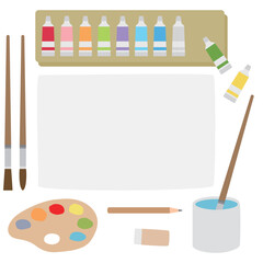 Hand-drawn vector set of watercolor art materials including brushes, palette, colorful paints, paper, pencil, and eraser. Perfect for education, school supplies, or children's illustration.