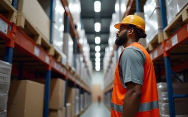Warehouse employee observing inventory shelves attentively. High quality