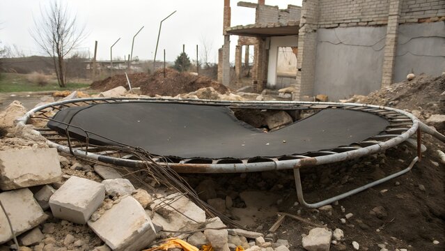 Dirty, Broken Trampoline Amidst Rubble and Destroyed Building