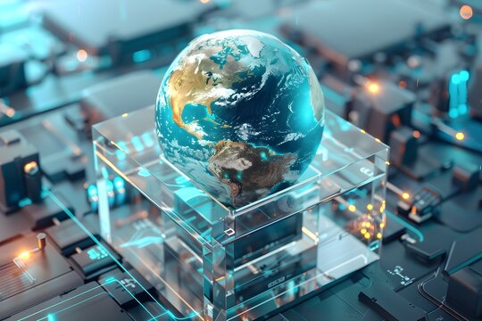 realistic Earth placed inside a futuristic glass cube surrounded by advanced technology, concept of global control systems

